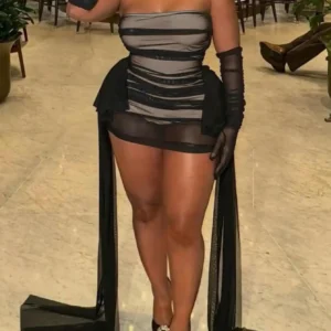 Strapless Mini Dress, Draped Train